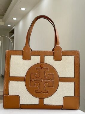 Tory Burch Tan Leather and Cream Canvas Logo Tote